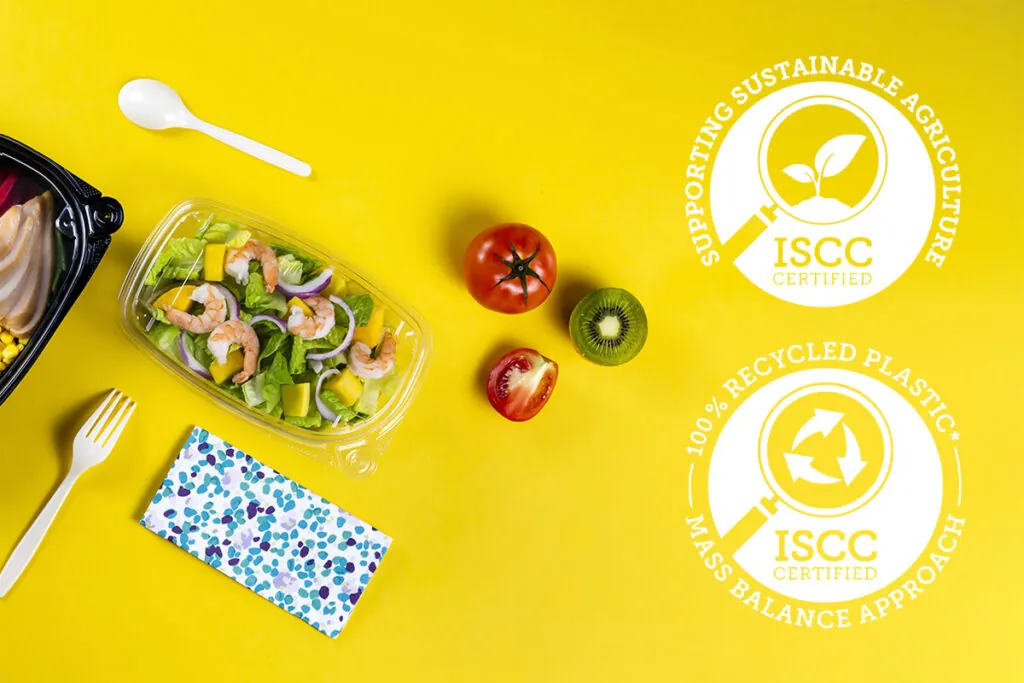 SPI ISCC PLUS certification sustainable plastic food packaging materials with mass balance certified bio PP and chemically recycled rPET food containers