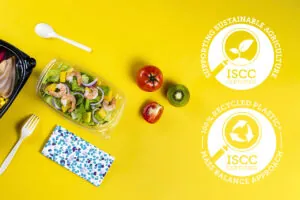 SPI ISCC PLUS certification sustainable plastic food packaging materials with mass balance certified bio PP and chemically recycled rPET food containers