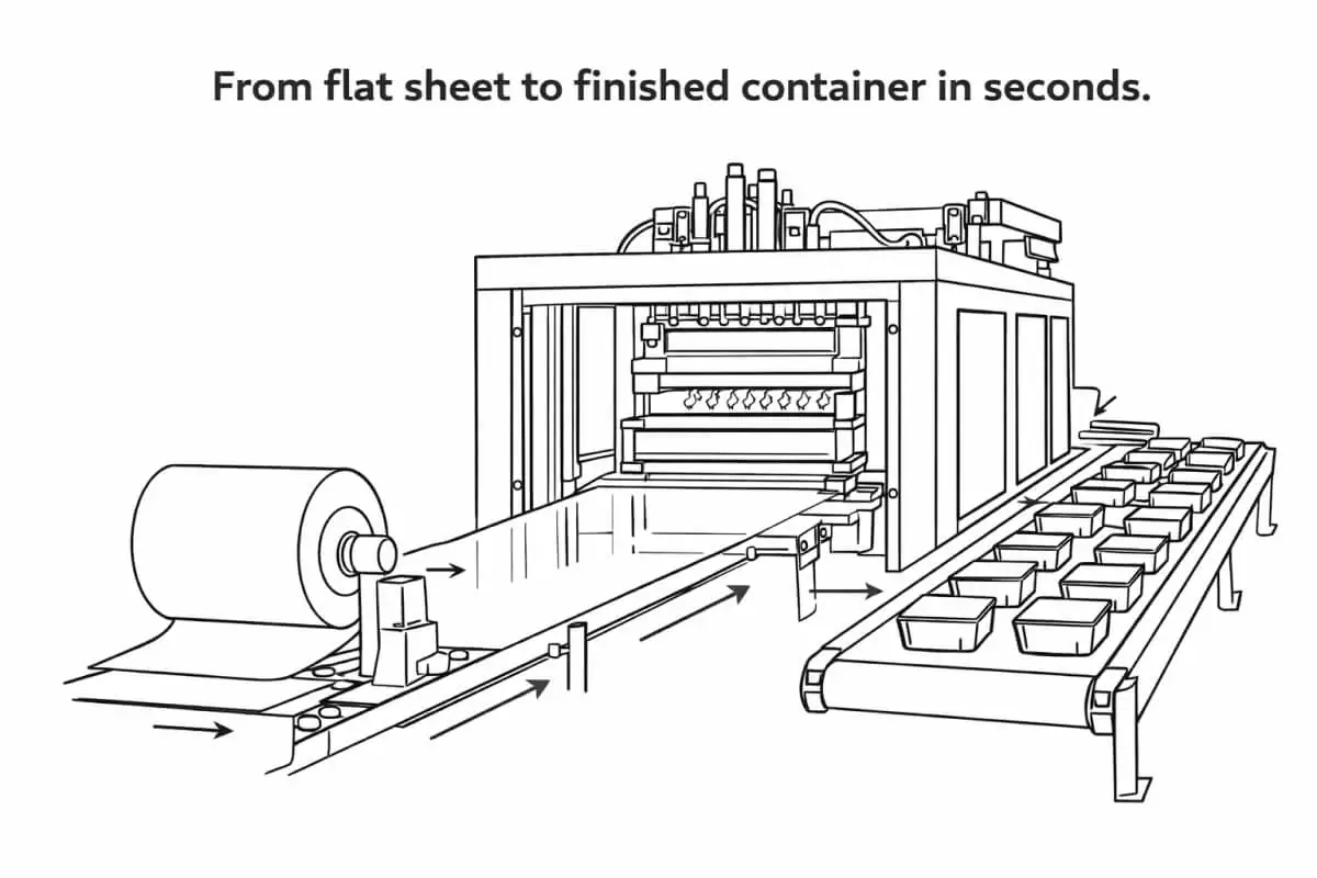 Thermoforming production line showing sheet feeding into forming station