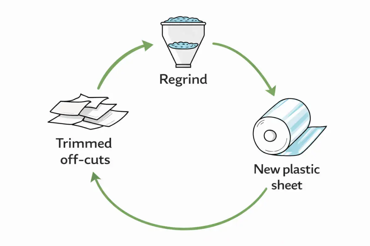 Diagram or photo of in-loop recycling process — trimmings returning to extrusion line