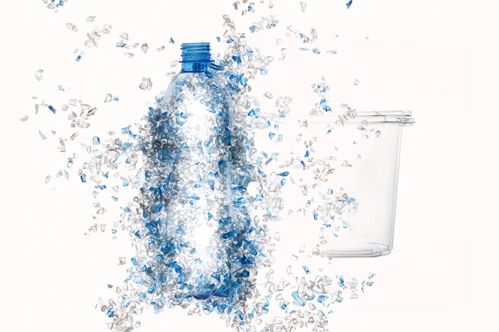 A visual guide to what is rPET material, showing a recycled PET plastic bottle, flakes, and a thermoformed food packaging container.