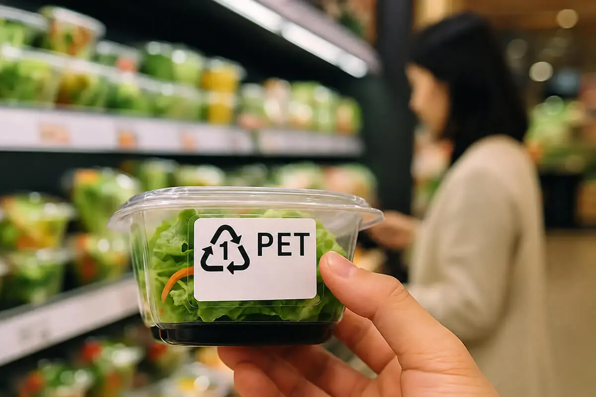 What is rPET: salad container labeled #1 PET recycled material in a supermarket aisle