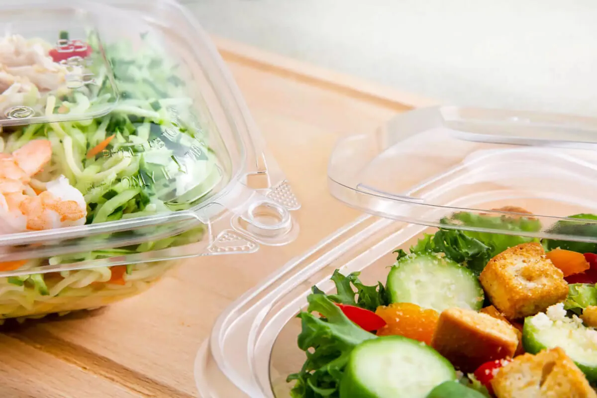 What is rPET: clear recycled PET containers holding fresh salads in direct food contact