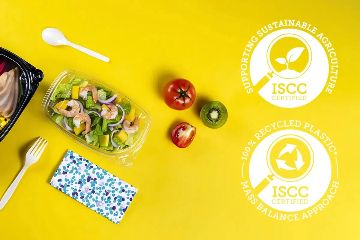 What is rPET: recycled PET salad container with ISCC certified 100% recycled plastic badges