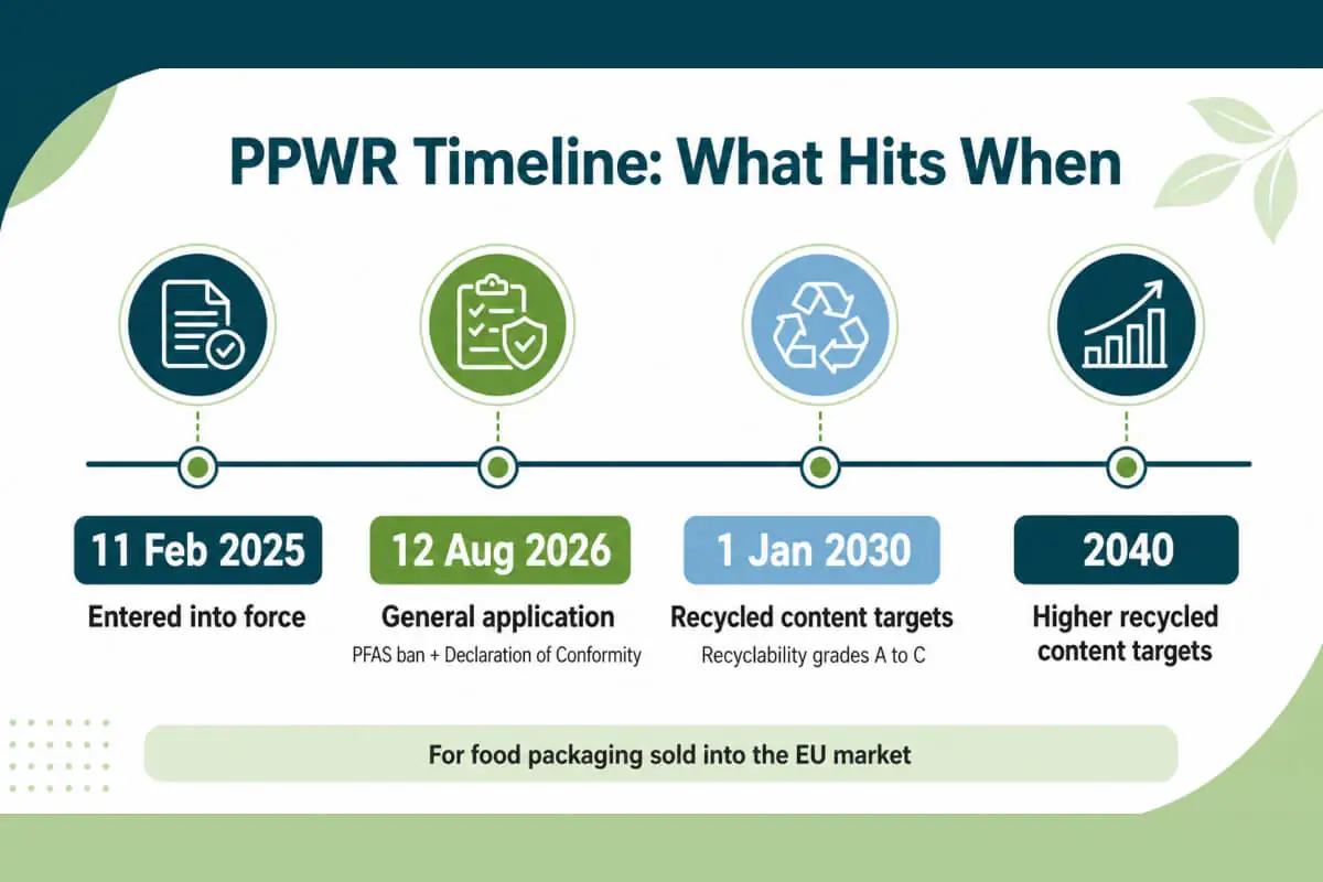 Infographic showing South Plastic Industry's PPWR compliance timeline for a food packaging supplier, highlighting general application in Aug 2026 and future recycled content targets through 2040.