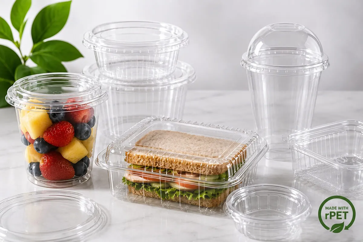 SCS and GRS certified rPET plastic food containers from an eco-friendly PPWR food packaging supplier, meeting the strict EU recycled content requirements for plastic food packaging.