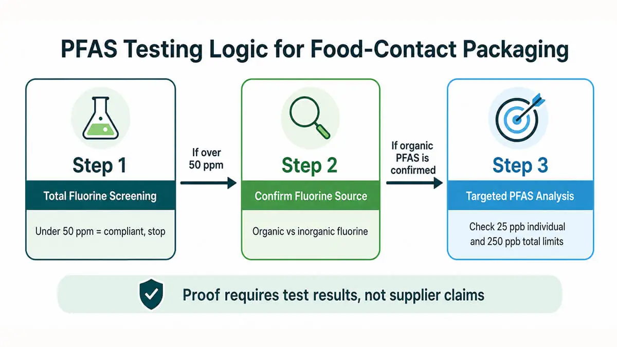 PFAS testing logic for a PPWR food packaging supplier, from total fluorine screening to targeted food-contact analysis