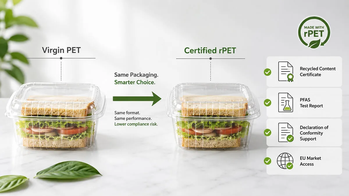 Virgin PET and certified rPET food packaging comparison from a PPWR food packaging supplier