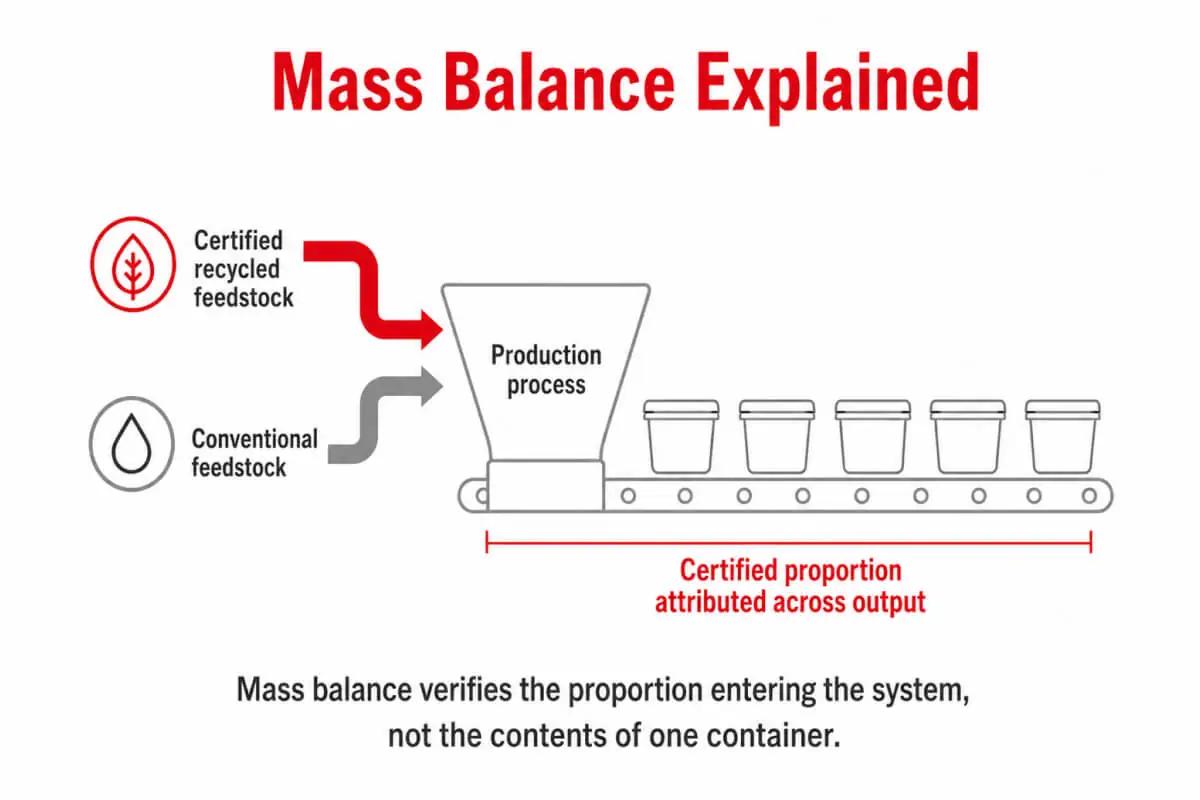 Mass balance diagram for ISCC PLUS food packaging certification showing certified recycled and conventional feedstock attributed as a proportion across output containers, not physical content per container