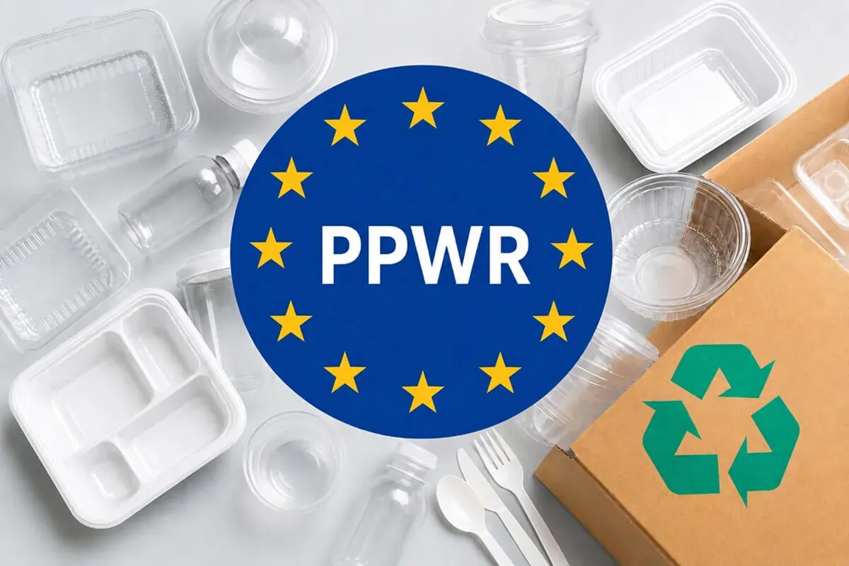 EU PPWR emblem surrounded by clear PET food packaging and a recycling symbol, illustrating Europe's 2030 recyclability rules for sushi packaging