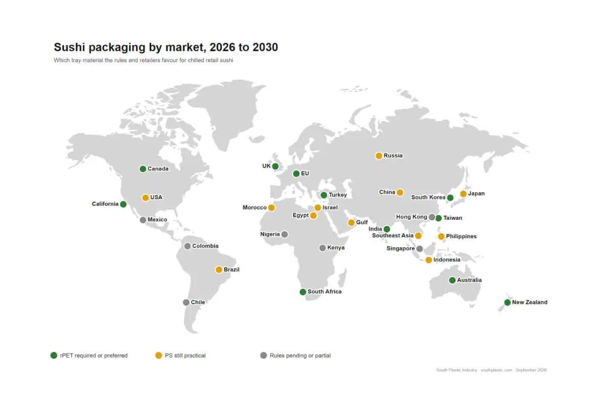 World map of sushi packaging by market, 2026 to 2030, showing where rPET is required or preferred, where PS stays practical, and where rules are pending