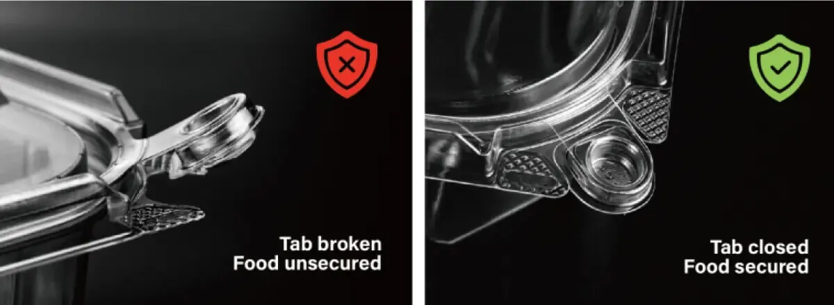 South Plastic Safety Pack food delivery packaging showing intact and broken tamper-evident locking tabs.